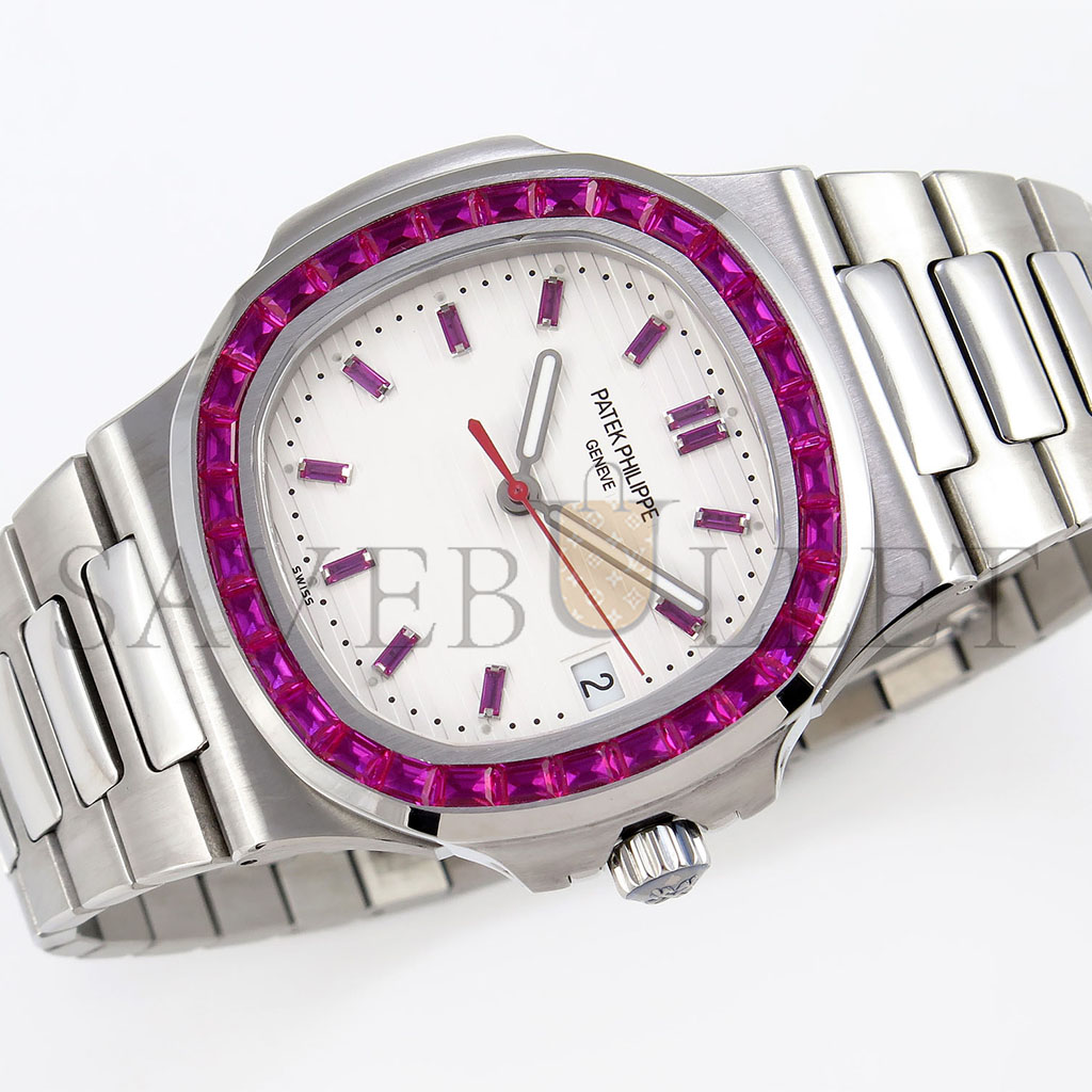 PATEK PHILIPPE NAUTILUS EDITION WHITE DIAL PURPLE DIAMONDS BEZEL ON WATCH 5711P